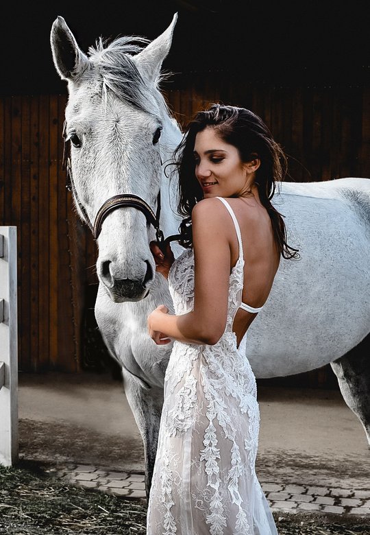 Brautkleid romantisch Stickerei Schleppe Spaghettiträger